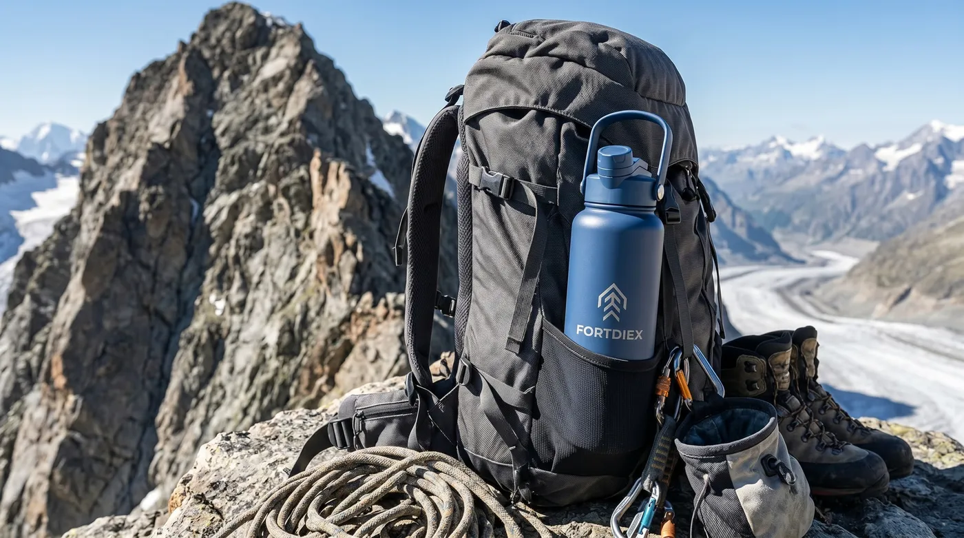 FORTDIEX Navy Blue bottle resting on a backpack at a mountain summit.