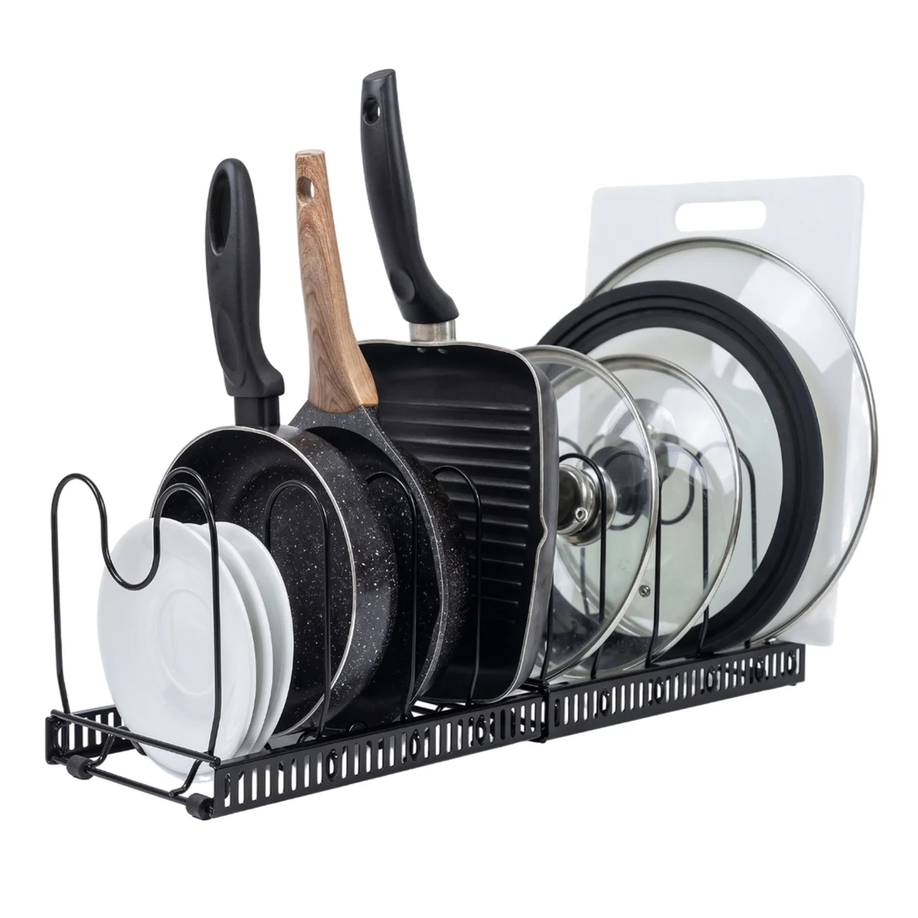 FORTDIEX black expandable pot rack organising frying pans, pots, glass lids and a chopping board upright on a kitchen worktop.